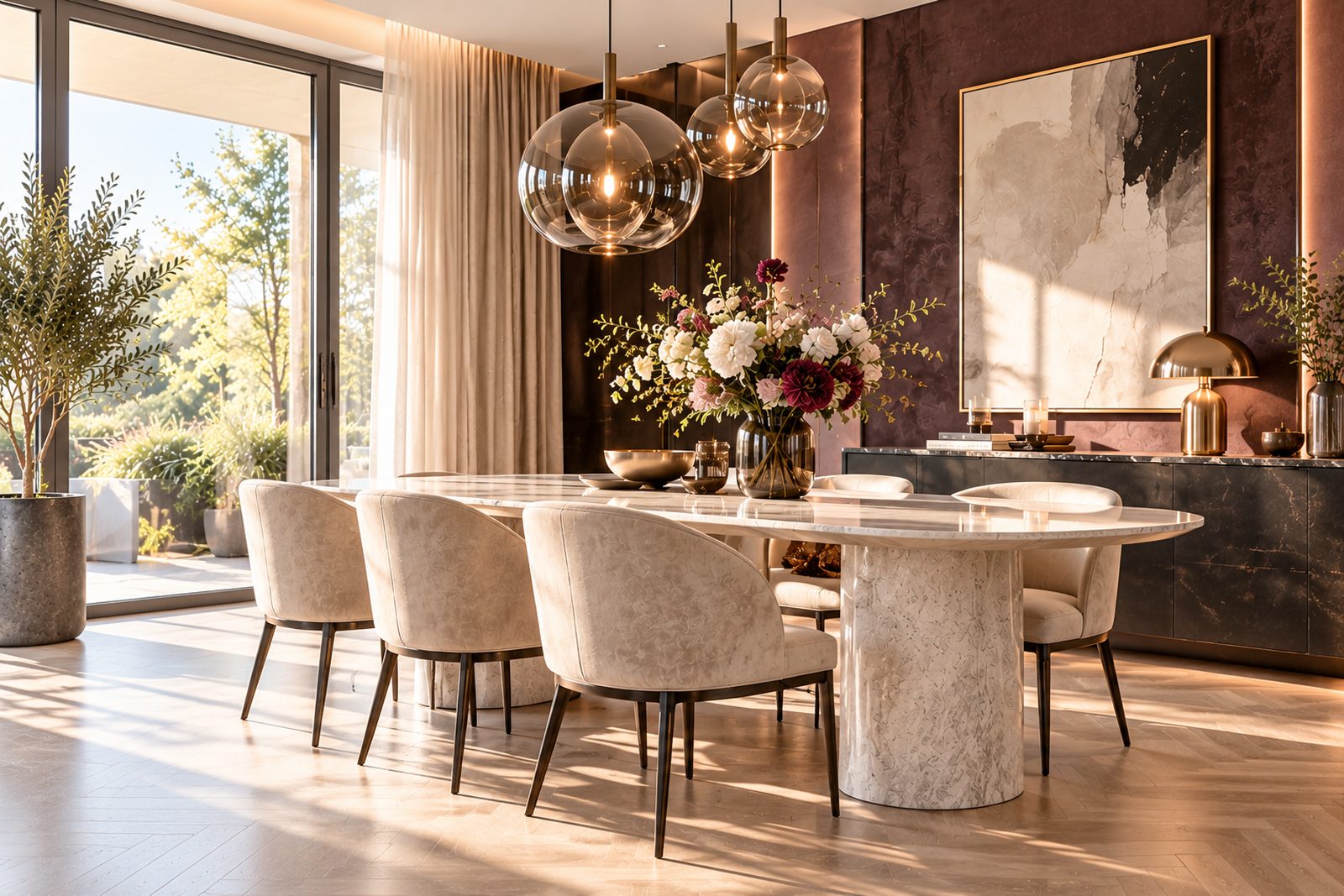 Eetkamer in Boutique Luxury stijl met marmer en een aubergine wand