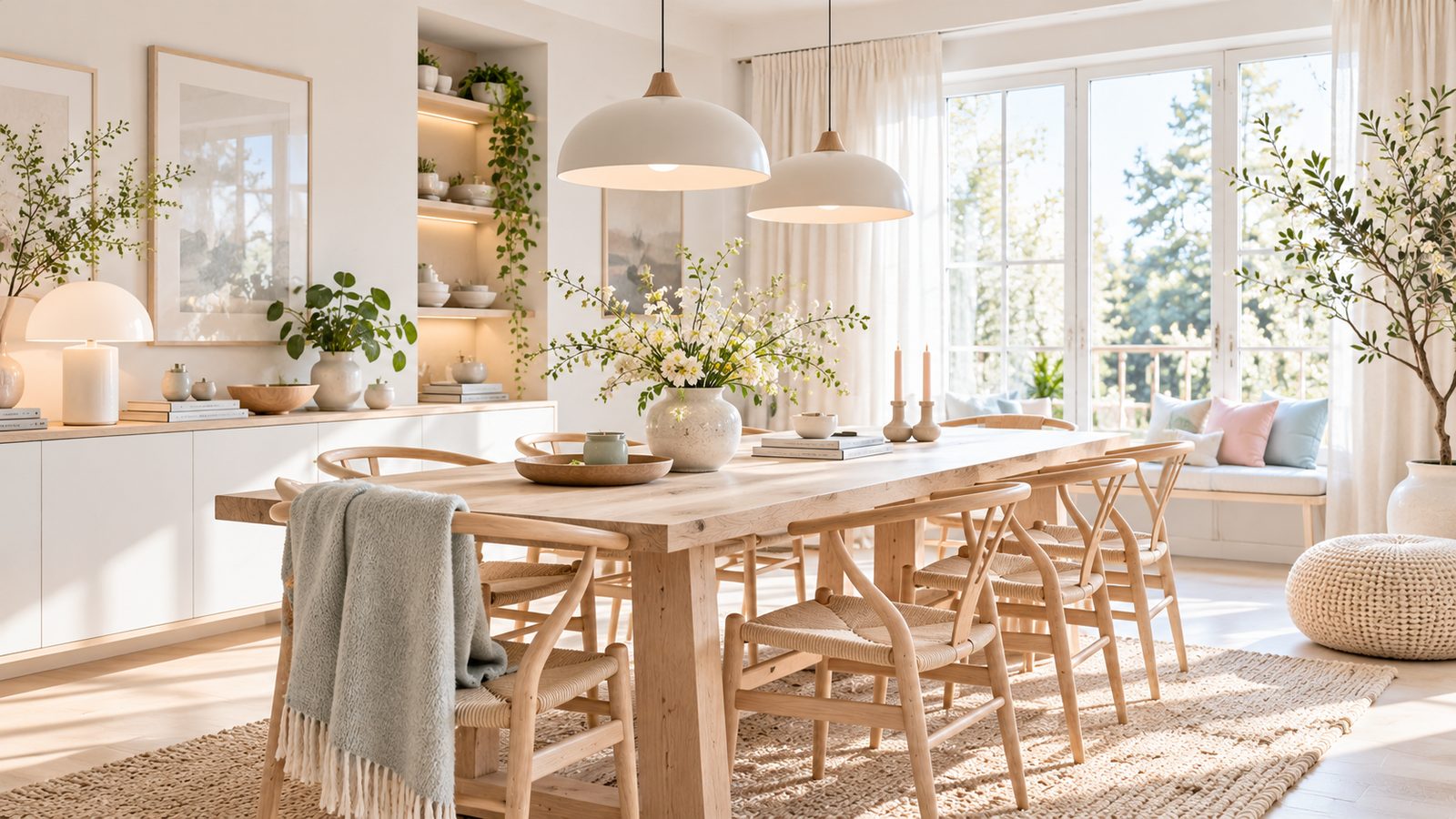Lichte eetkamer in Scandinavische stijl met blank hout en wishbone stoelen