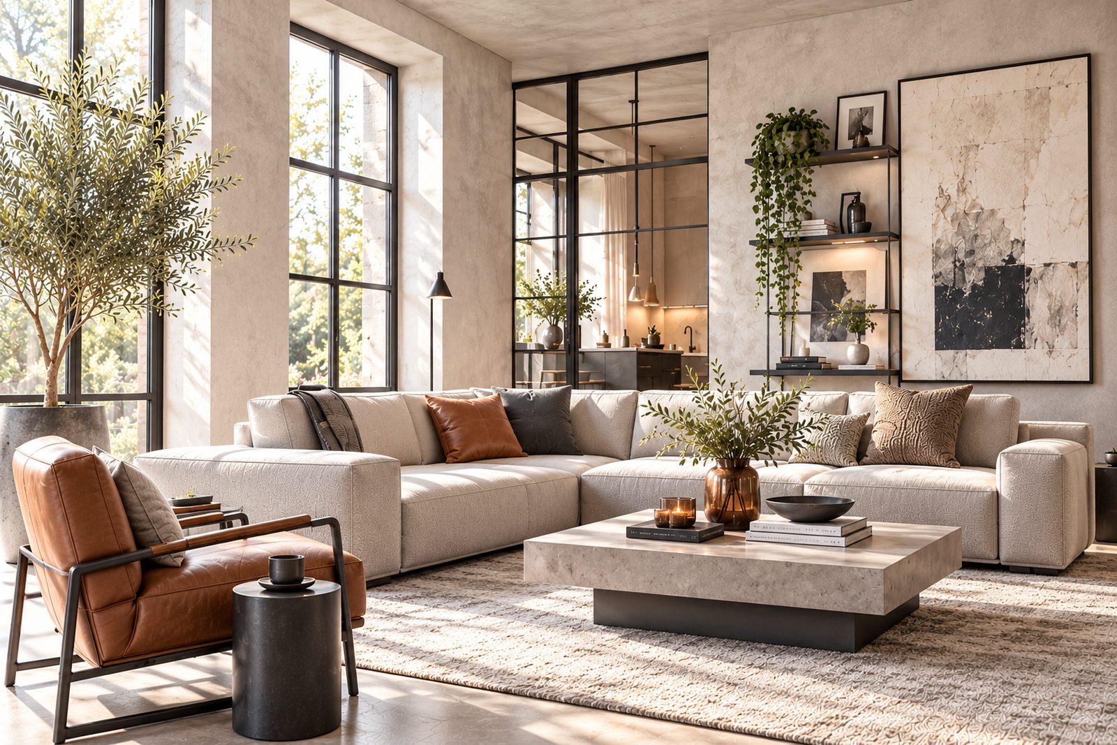 Woonkamer in Soft Industrial stijl met stalen ramen, betonlook en leer