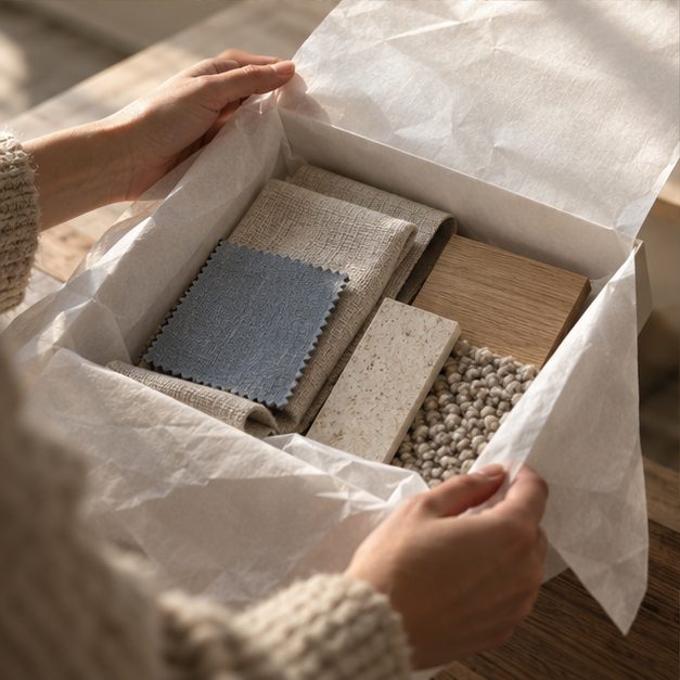 Iemand vouwt het vloeipapier open in een box met stalen van textiel, hout en steen