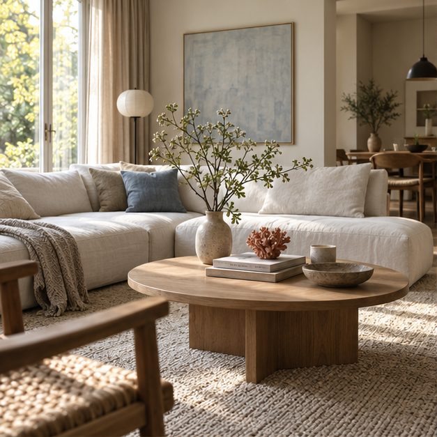 Lichte woonkamer in Japandi-stijl met witte bank en houten salontafel